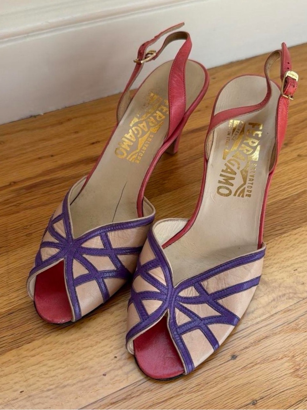 Salvatore Ferragamo Pink, Purple & Cream Leather Slingback Heels